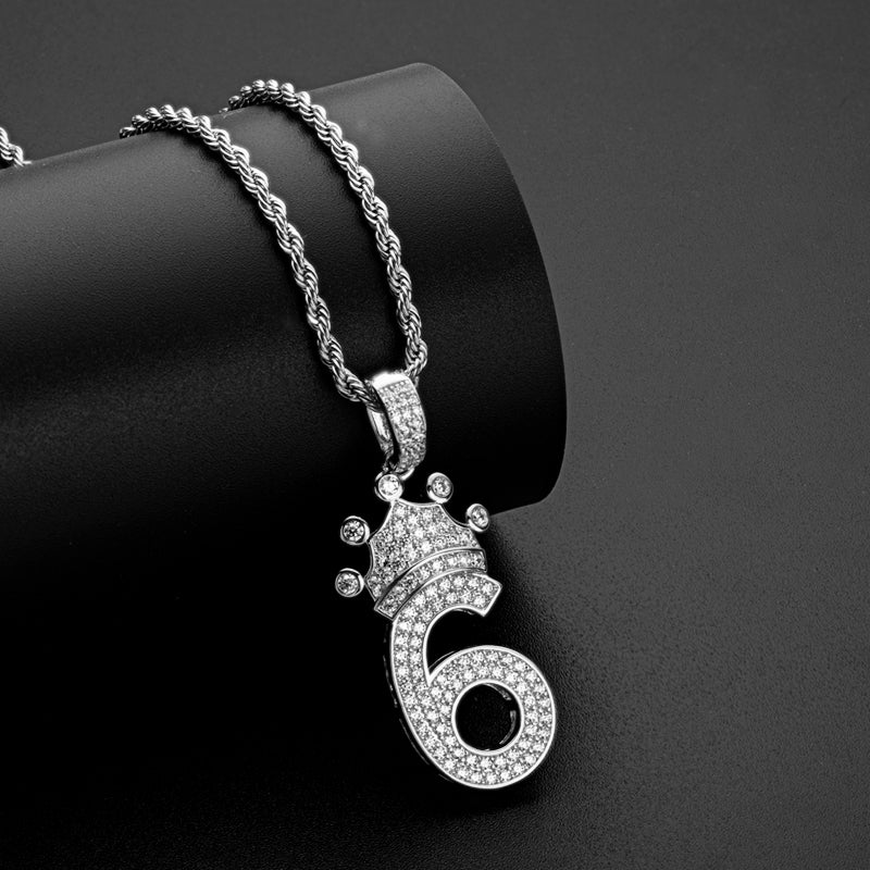 925 Sterling Silver Number 6 Crown Created CZ Pendant Necklace