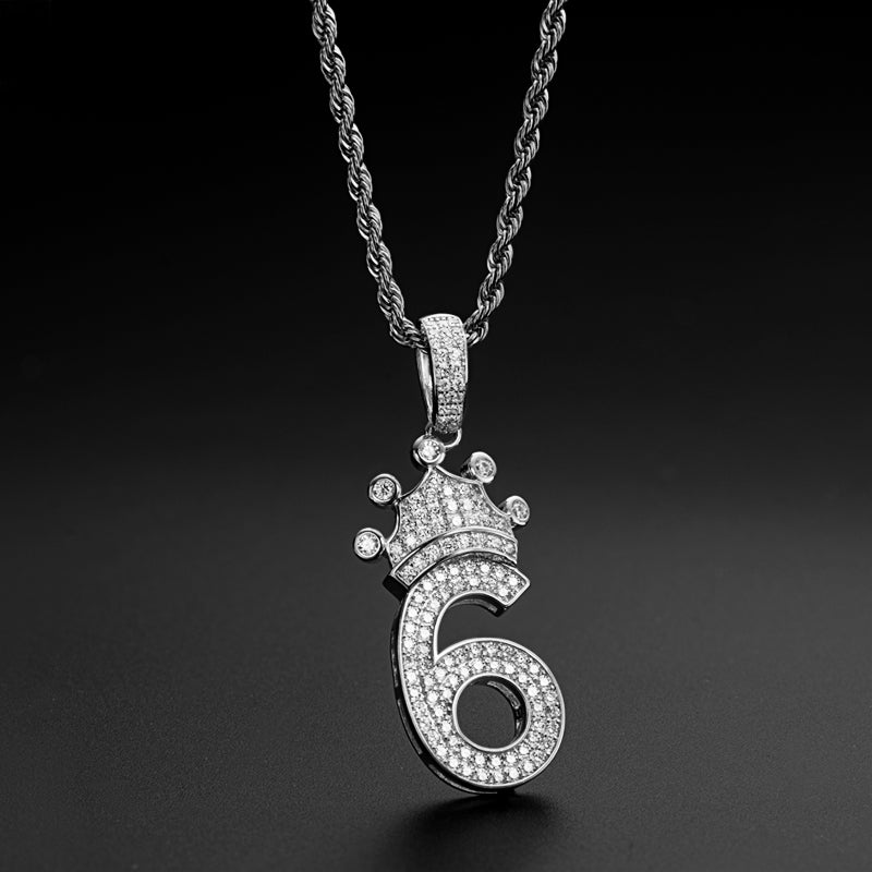 925 Sterling Silver Number 6 Crown Created CZ Pendant Necklace