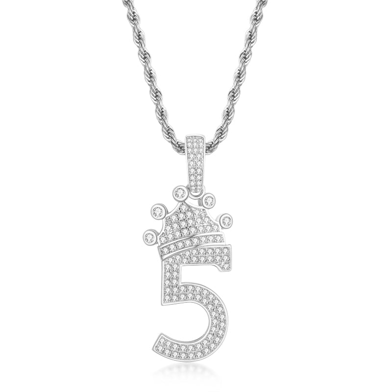 925 Sterling Silver Number 5 Crown Created Diamond Pendant Necklace