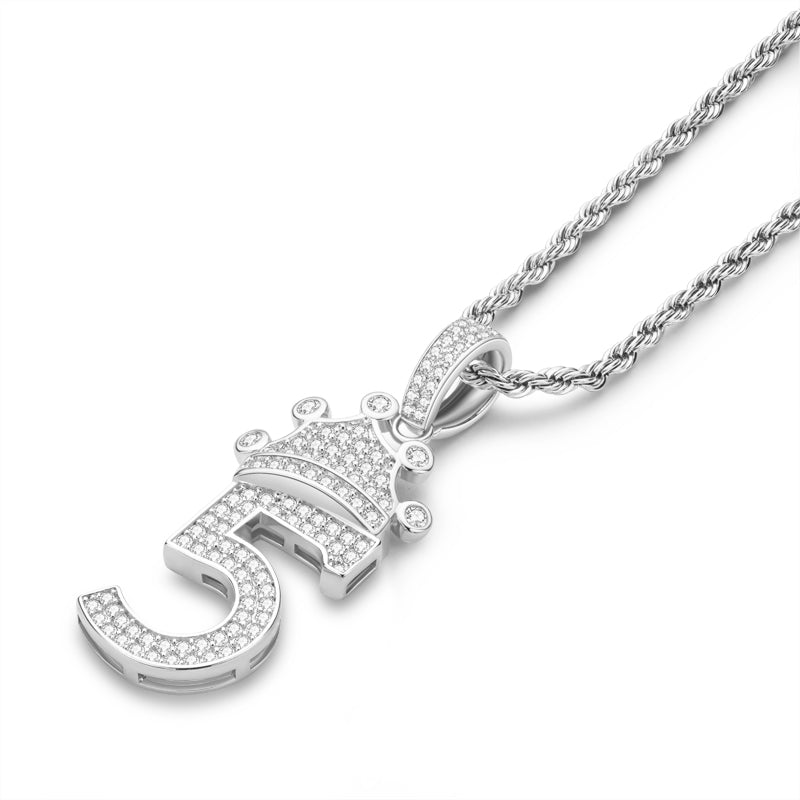 925 Sterling Silver Number 5 Crown Created Diamond Pendant Necklace