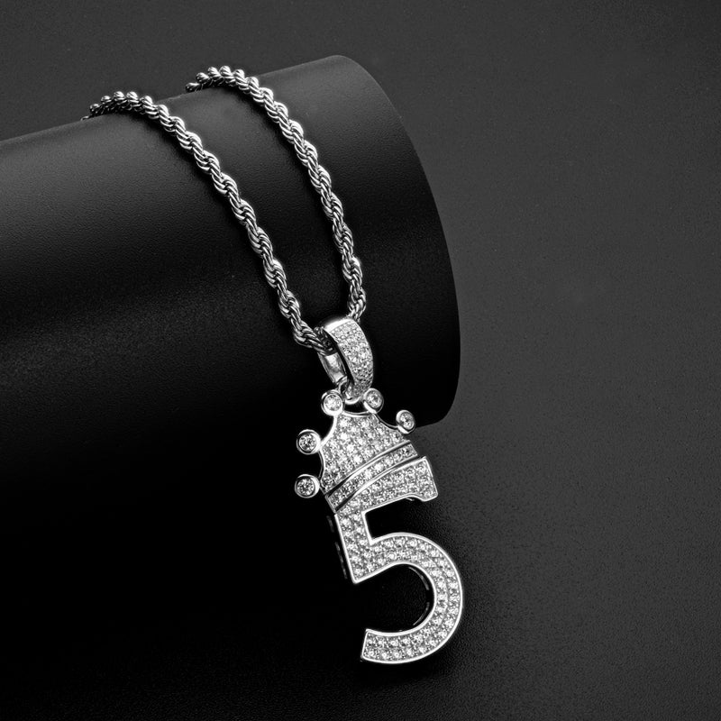 925 Sterling Silver Number 5 Crown Created Diamond Pendant Necklace