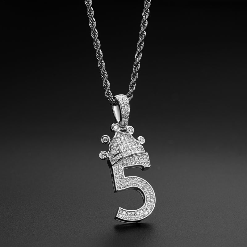 925 Sterling Silver Number 5 Crown Created Diamond Pendant Necklace