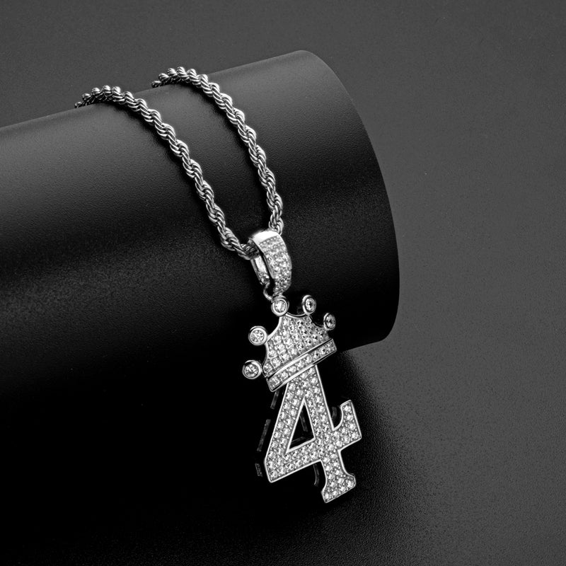 925 Sterling Silver Number 4 Crown Created Diamond Pendant Necklace