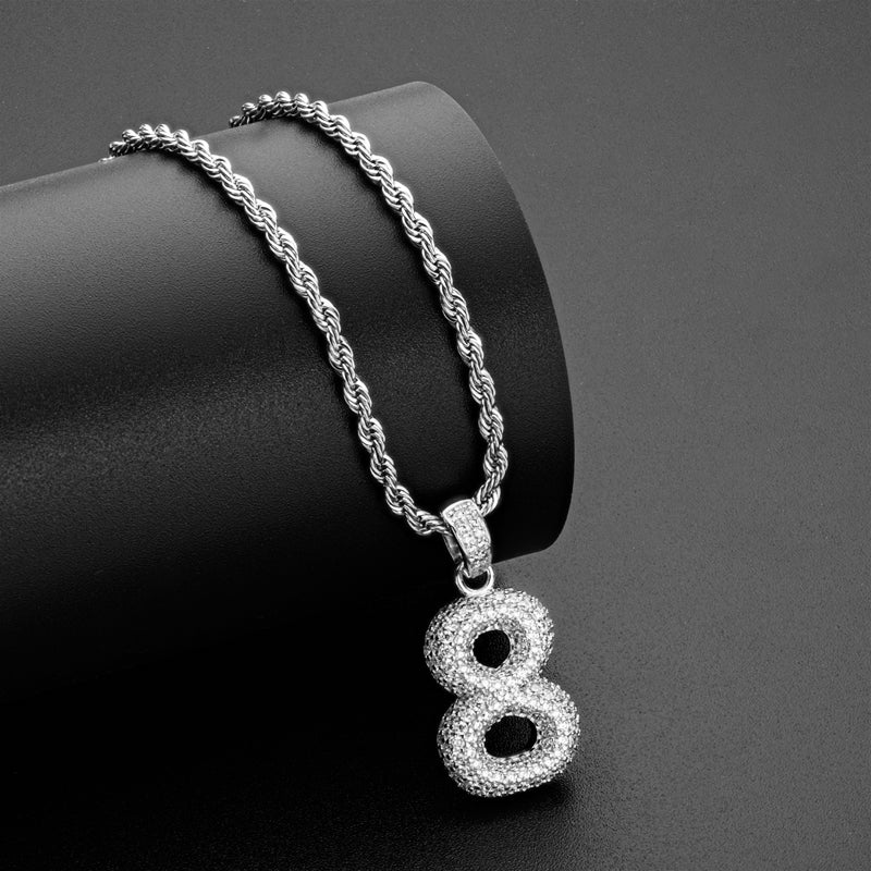 925 Sterling Silver Number 8 Created CZ Hip Hop Rope Chain Pendant Necklace