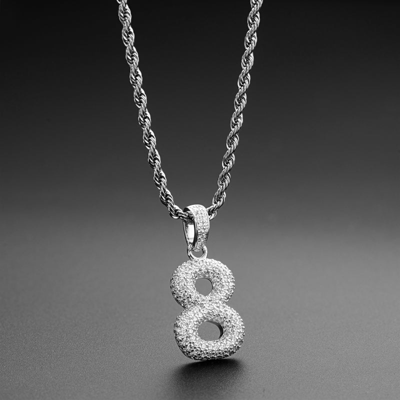 925 Sterling Silver Number 8 Created CZ Hip Hop Rope Chain Pendant Necklace