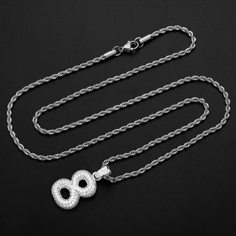 925 Sterling Silver Number 8 Created CZ Hip Hop Rope Chain Pendant Necklace