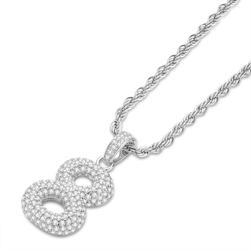 925 Sterling Silver Number 8 Created CZ Hip Hop Rope Chain Pendant Necklace