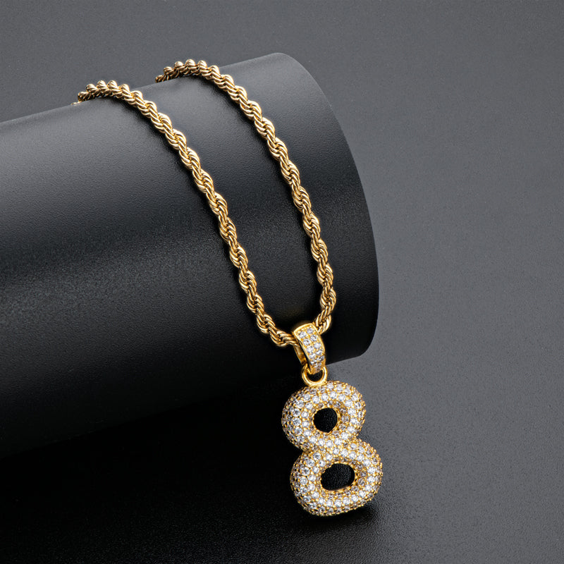 925 Sterling Silver Number 8 Created CZ Hip Hop Rope Chain Pendant Necklace