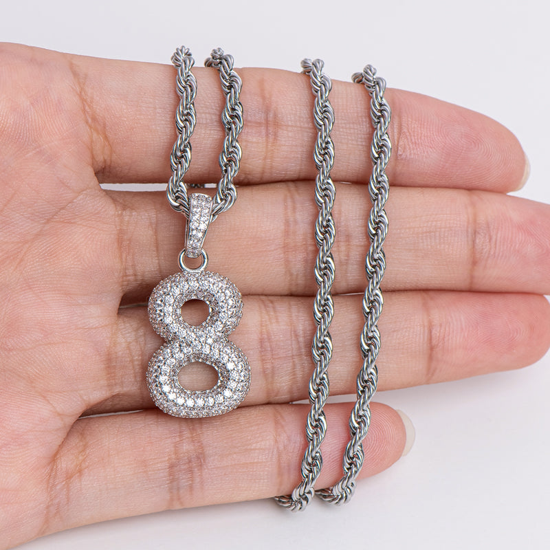 925 Sterling Silver Number 8 Created CZ Hip Hop Rope Chain Pendant Necklace