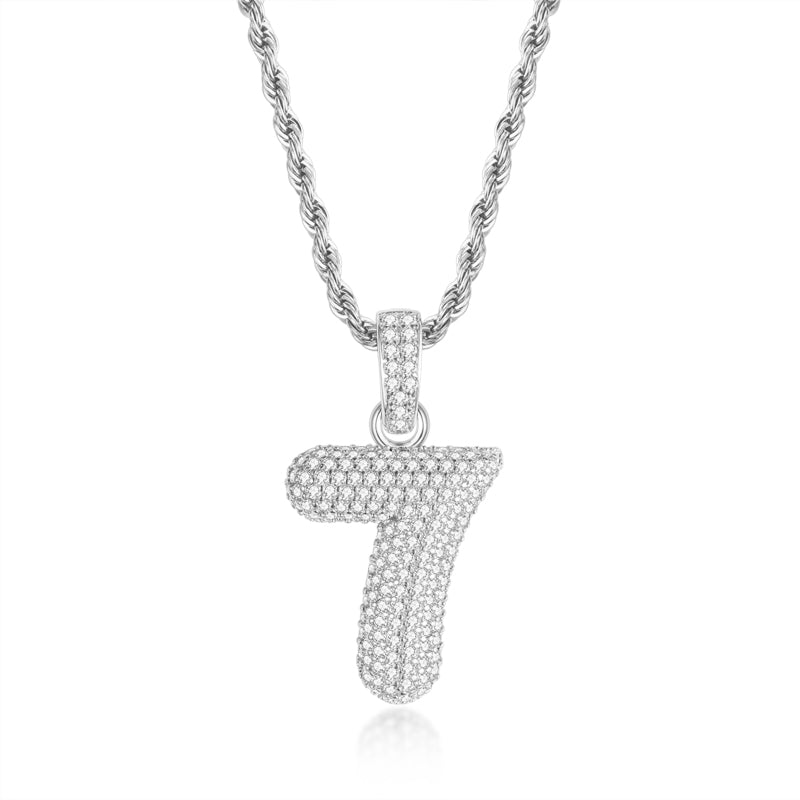 925 Sterling Silver Number 7 Created Diamond Hip Hop Rope Chain Pendant Necklace