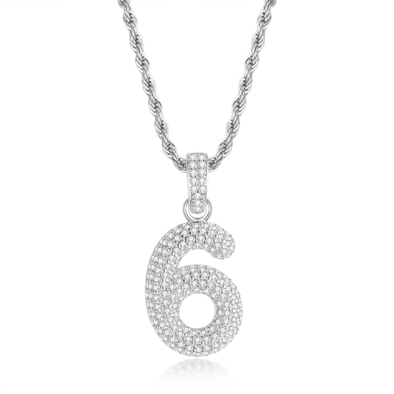 925 Sterling Silver Number 6 Created CZ Hip Hop Rope Chain Pendant Necklace