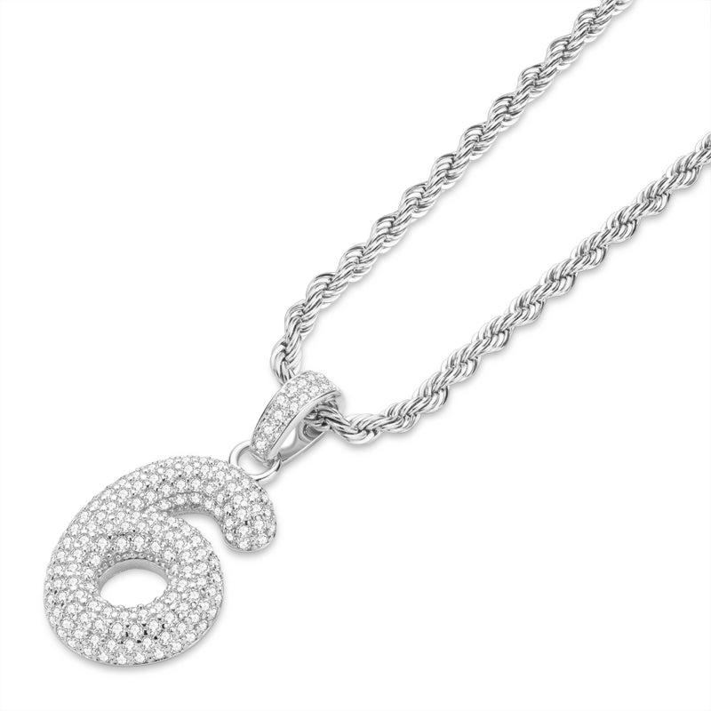 925 Sterling Silver Number 6 Created CZ Hip Hop Rope Chain Pendant Necklace