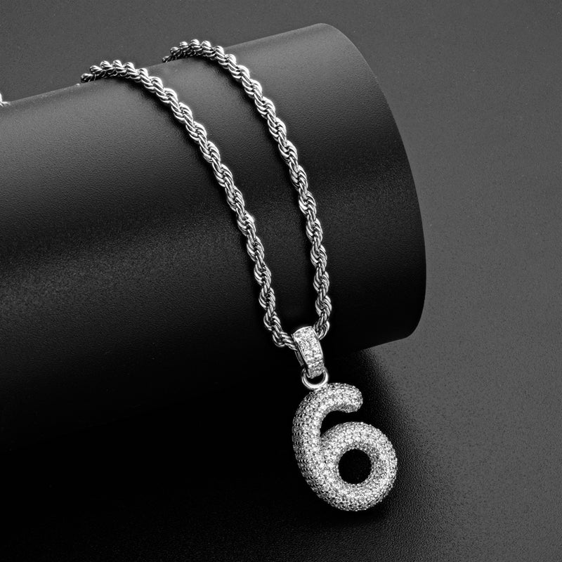 925 Sterling Silver Number 6 Created CZ Hip Hop Rope Chain Pendant Necklace