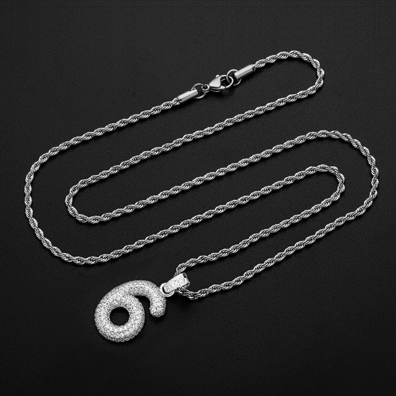 925 Sterling Silver Number 6 Created CZ Hip Hop Rope Chain Pendant Necklace