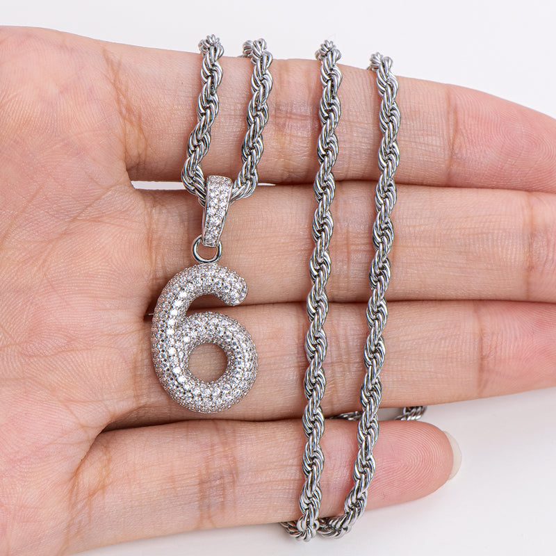 925 Sterling Silver Number 6 Created CZ Hip Hop Rope Chain Pendant Necklace