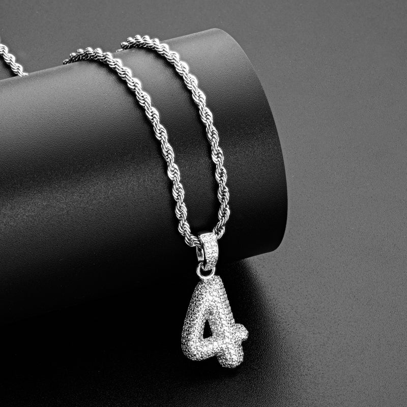 925 Sterling Silver Number 4 Created Diamond Hip Hop Rope Chain Pendant Necklace