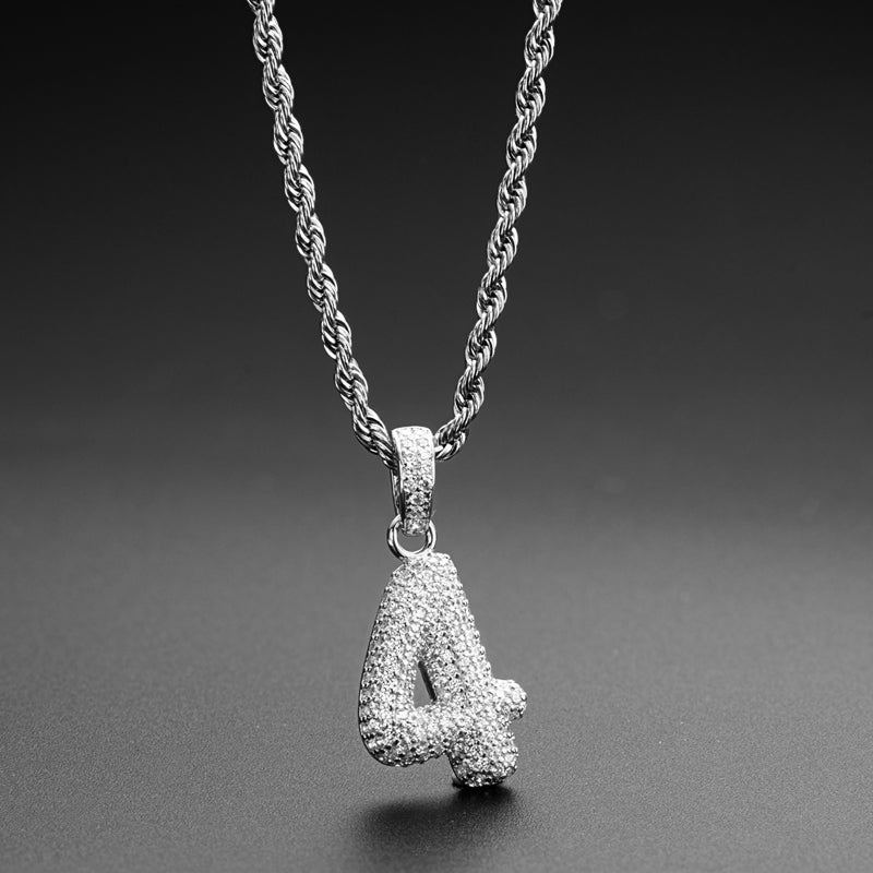 925 Sterling Silver Number 4 Created Diamond Hip Hop Rope Chain Pendant Necklace