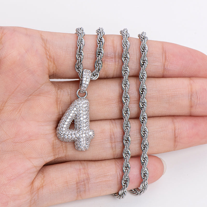 925 Sterling Silver Number 4 Created Diamond Hip Hop Rope Chain Pendant Necklace