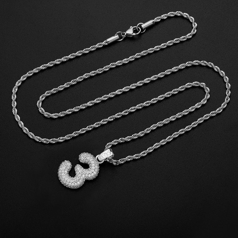 925 Sterling Silver Number 3 Created Diamond Hip Hop Rope Chain Pendant Necklace