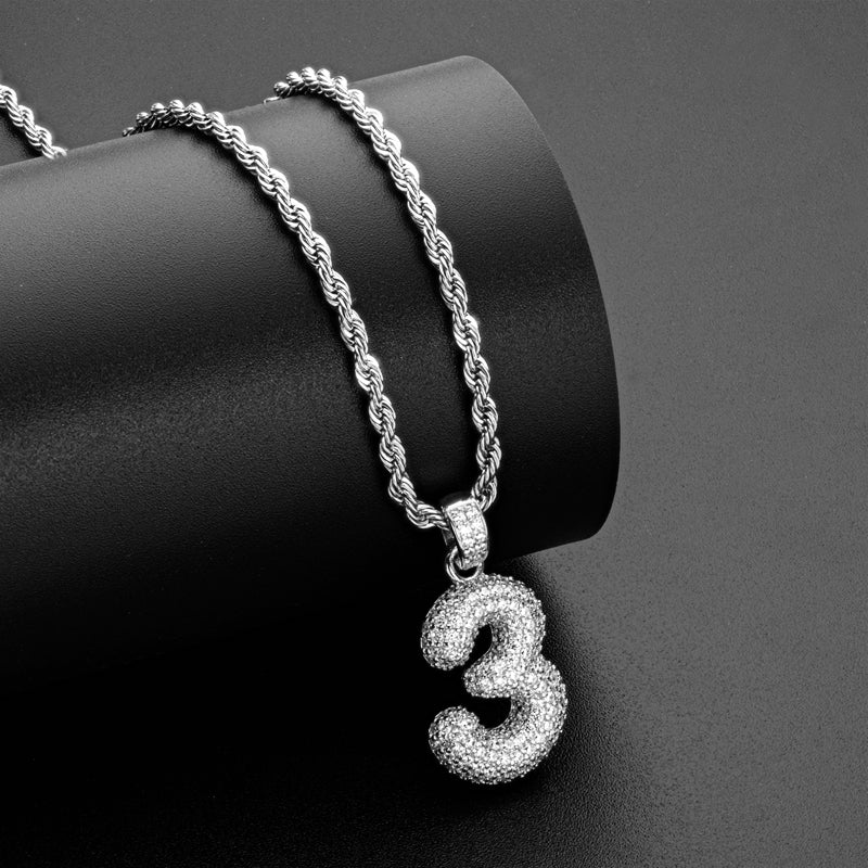 925 Sterling Silver Number 3 Created Diamond Hip Hop Rope Chain Pendant Necklace