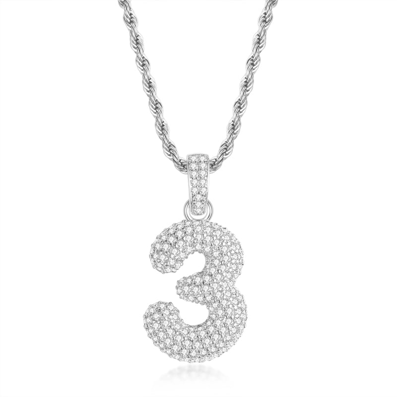 925 Sterling Silver Number 3 Created Diamond Hip Hop Rope Chain Pendant Necklace