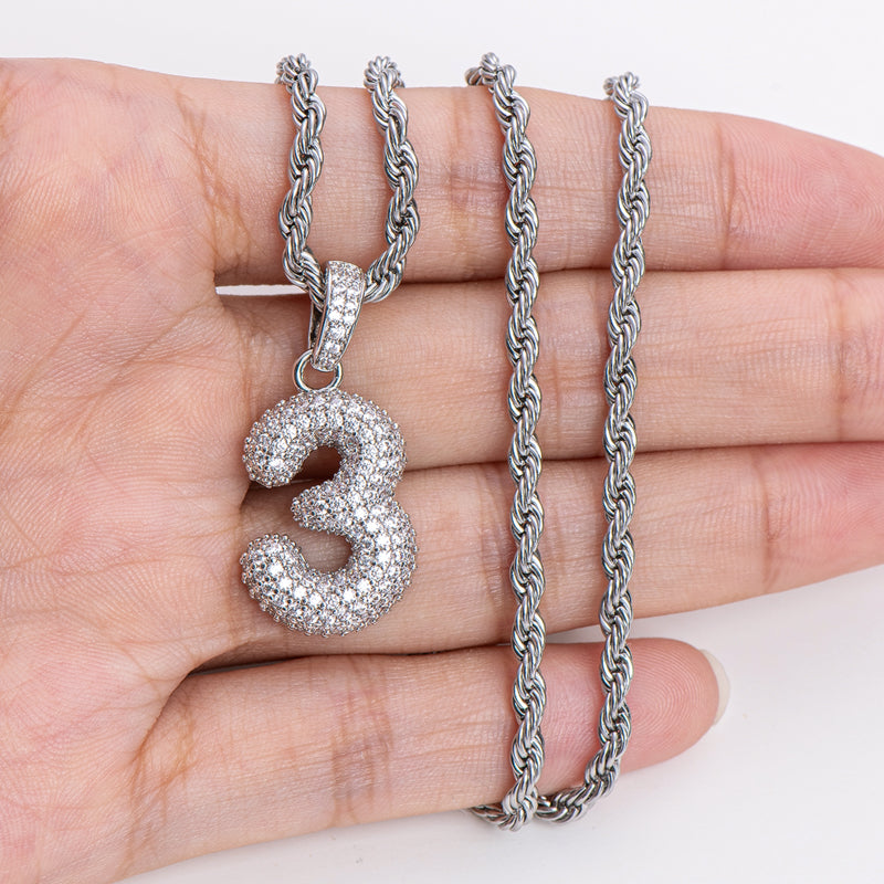 925 Sterling Silver Number 3 Created Diamond Hip Hop Rope Chain Pendant Necklace