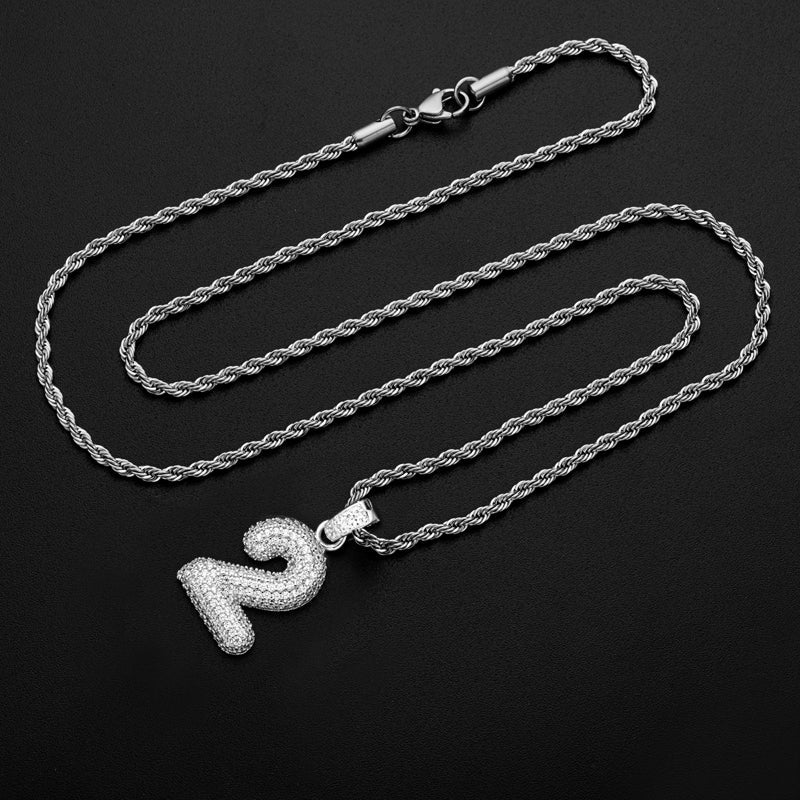 925 Sterling Silver Number 2 Created Diamond Hip Hop Rope Chain Pendant Necklace