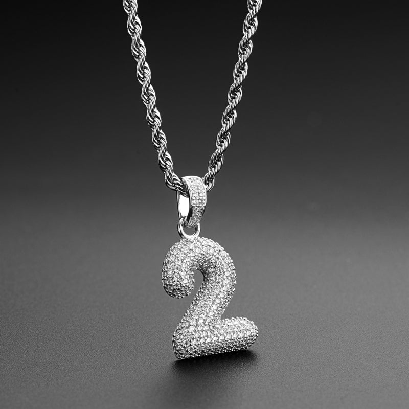 925 Sterling Silver Number 2 Created Diamond Hip Hop Rope Chain Pendant Necklace