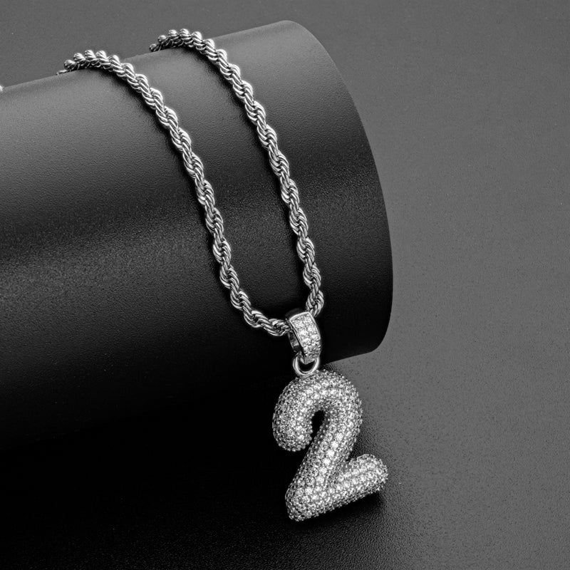 925 Sterling Silver Number 2 Created Diamond Hip Hop Rope Chain Pendant Necklace