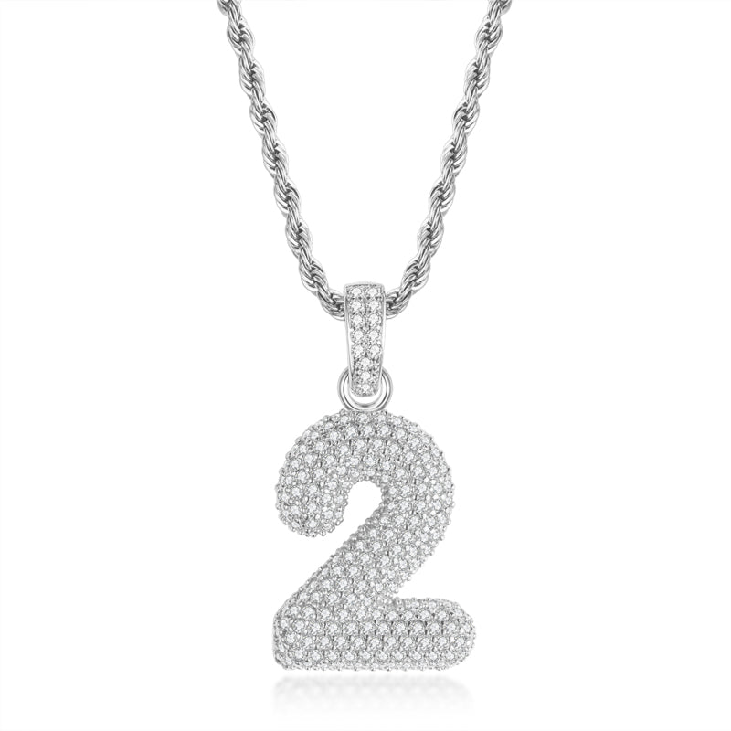 925 Sterling Silver Number 2 Created Diamond Hip Hop Rope Chain Pendant Necklace