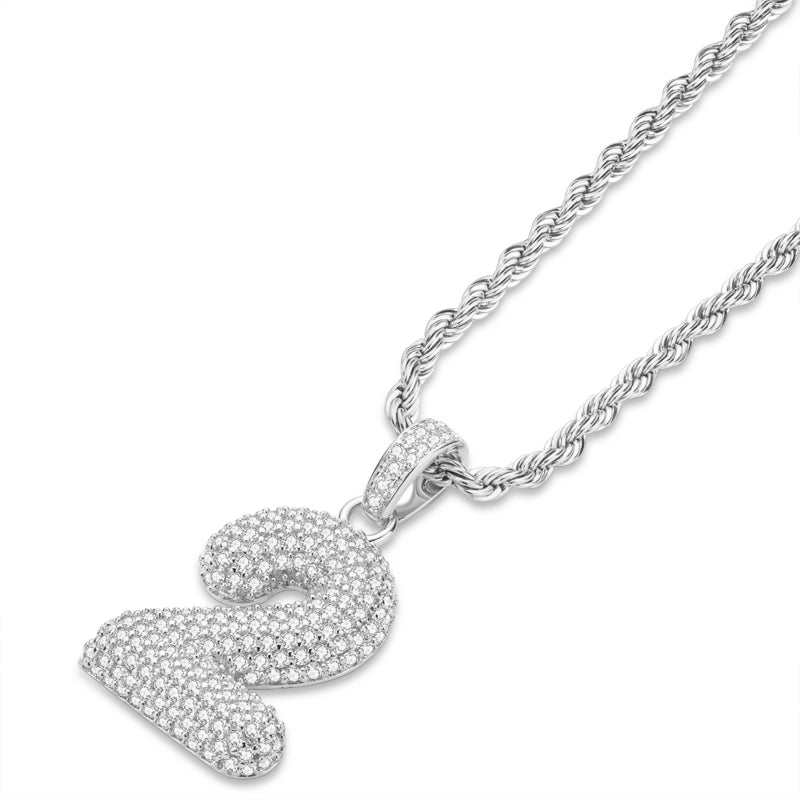 925 Sterling Silver Number 2 Created Diamond Hip Hop Rope Chain Pendant Necklace