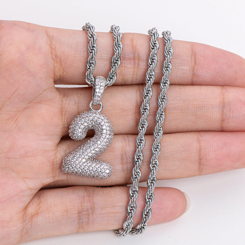 925 Sterling Silver Number 2 Created Diamond Hip Hop Rope Chain Pendant Necklace