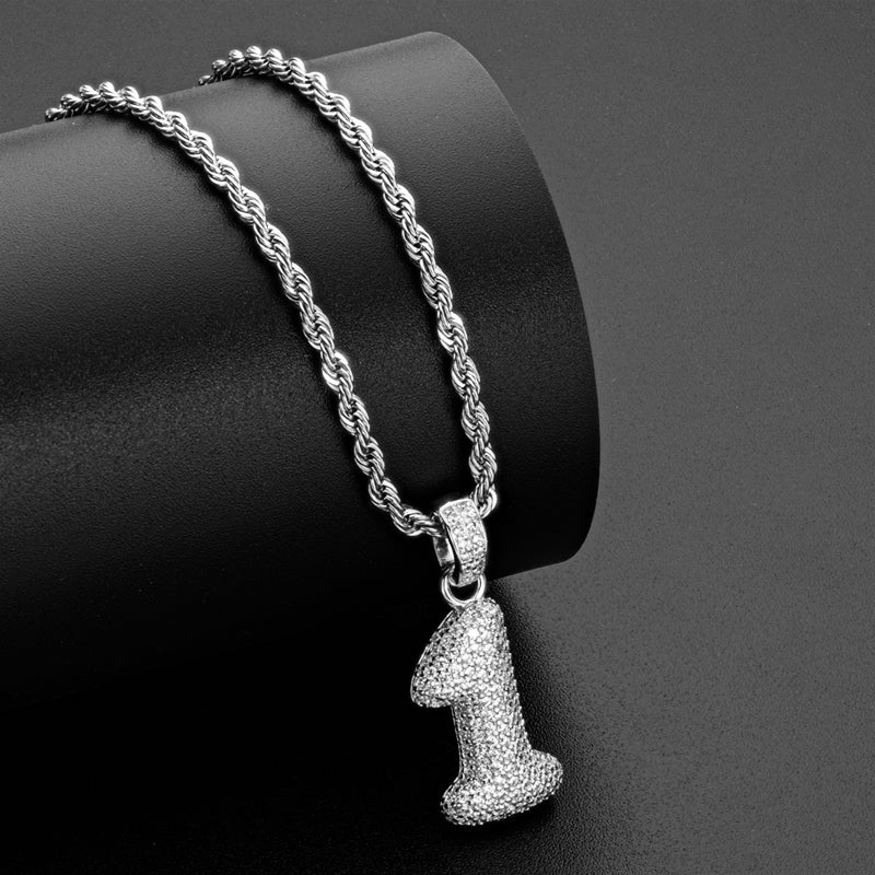 925 Sterling Silver Number 1 Created Diamond Hip Hop Rope Chain Pendant Necklace