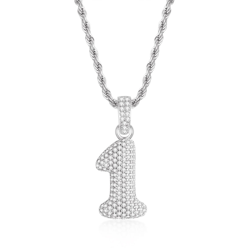 925 Sterling Silver Number 1 Created Diamond Hip Hop Rope Chain Pendant Necklace