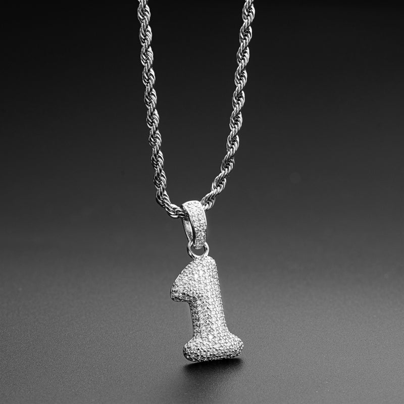 925 Sterling Silver Number 1 Created Diamond Hip Hop Rope Chain Pendant Necklace