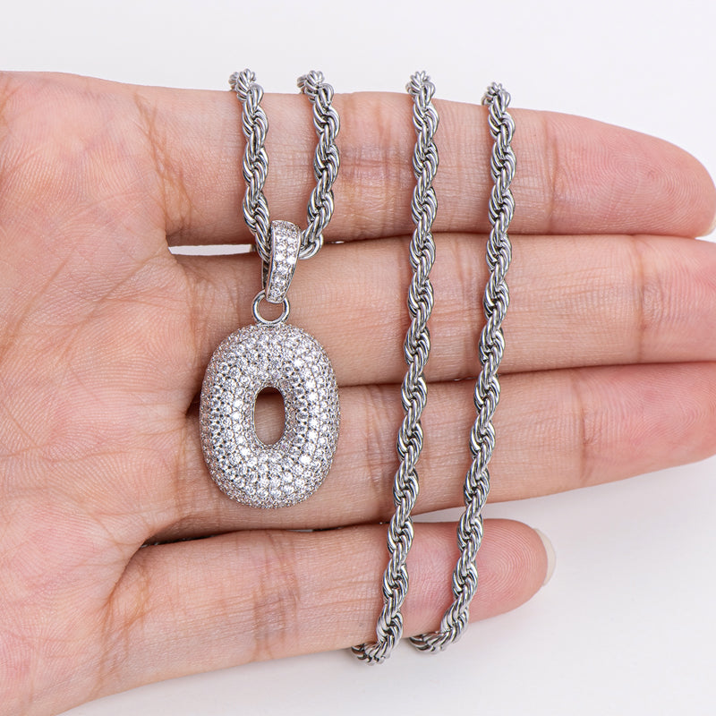 925 Sterling Silver Number 0 Created Diamond Hip Hop Rope Chain Pendant Necklace