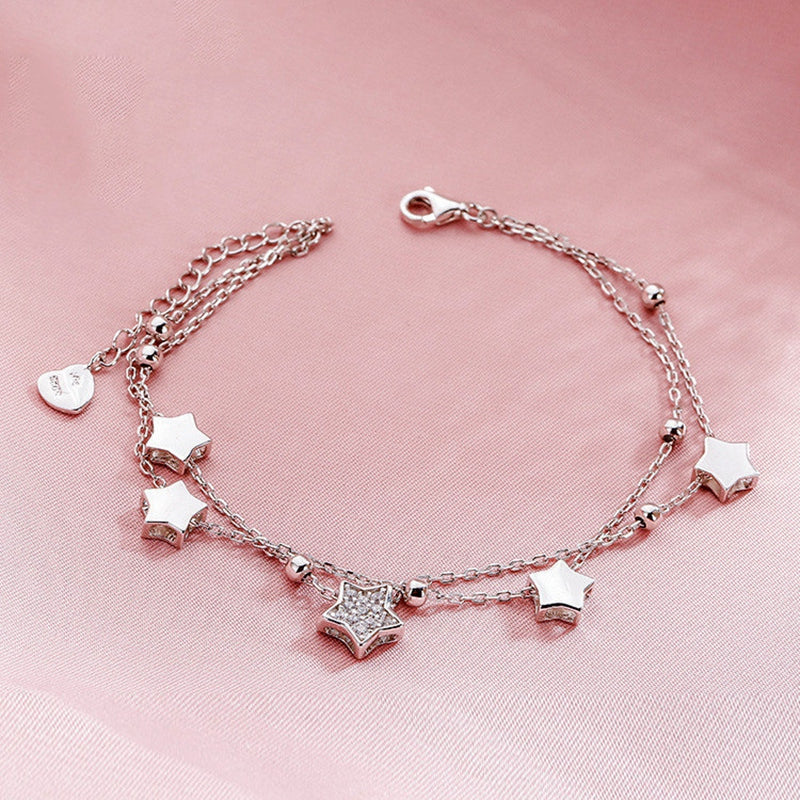 925 Sterling Silver Fashion Double Star Created Diamond Bracelet