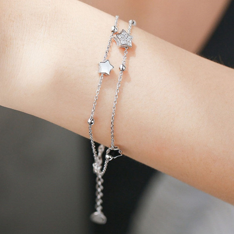 925 Sterling Silver Fashion Double Star Created Diamond Bracelet