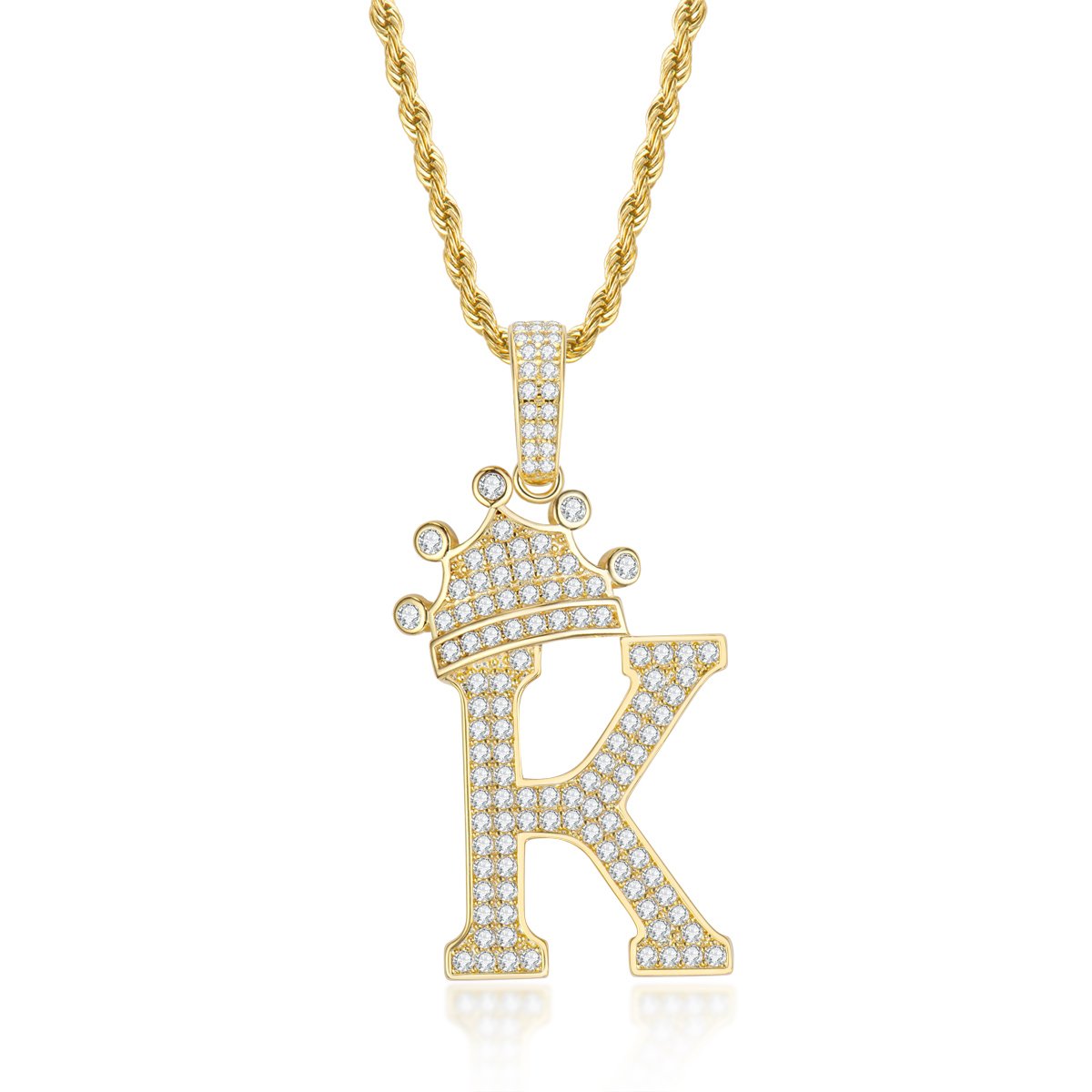 925 Sterling Silver Iced Out Letter K Initial Pendant Rope Chain Necklace