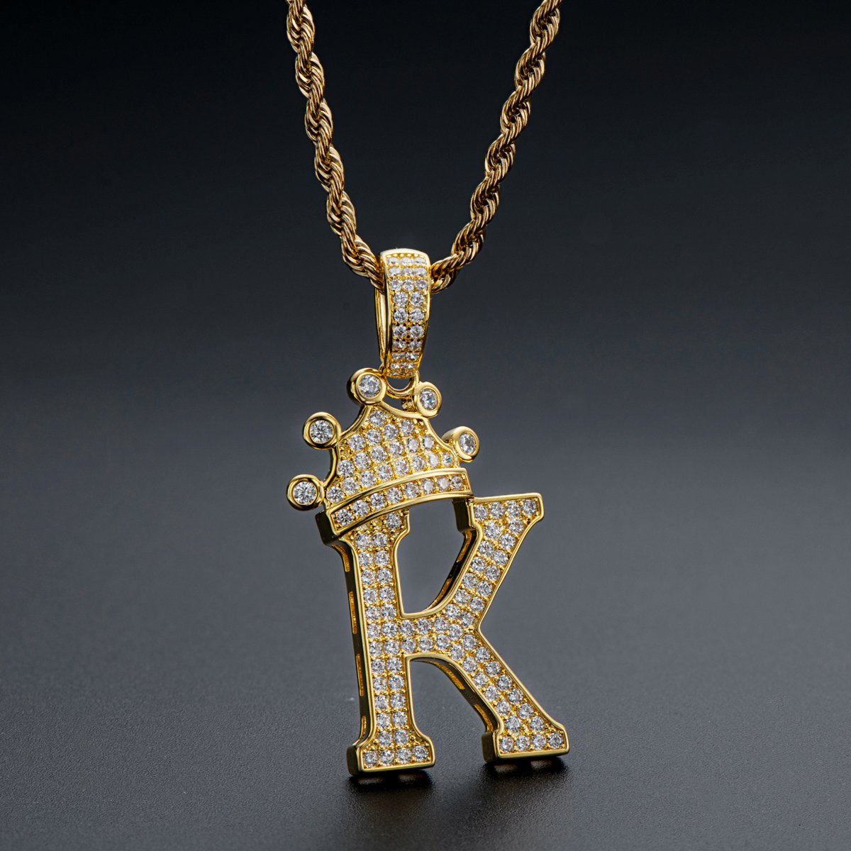 925 Sterling Silver Iced Out Letter K Initial Pendant Rope Chain Necklace