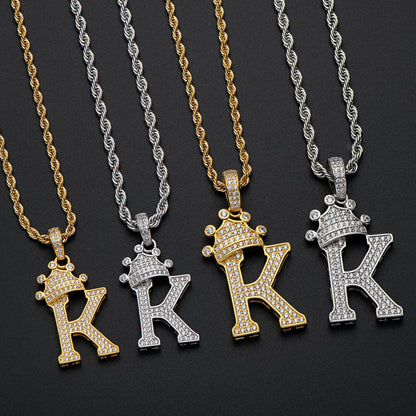 925 Sterling Silver Iced Out Letter K Initial Pendant Rope Chain Necklace