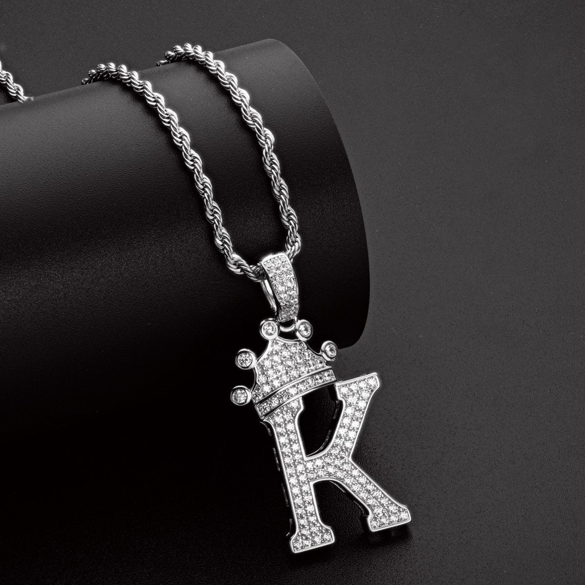 925 Sterling Silver Iced Out Letter K Initial Pendant Rope Chain Necklace