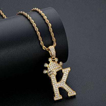 925 Sterling Silver Iced Out Letter K Initial Pendant Rope Chain Necklace