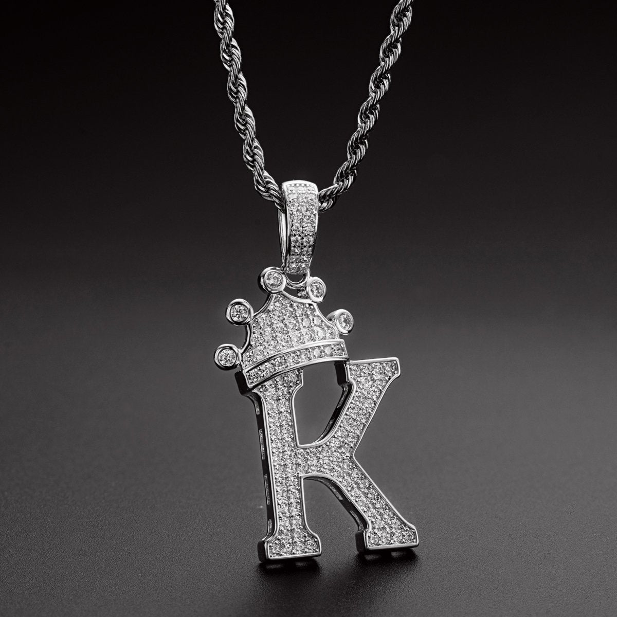 925 Sterling Silver Iced Out Letter K Initial Pendant Rope Chain Necklace