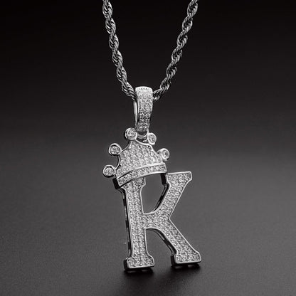 925 Sterling Silver Iced Out Letter K Initial Pendant Rope Chain Necklace