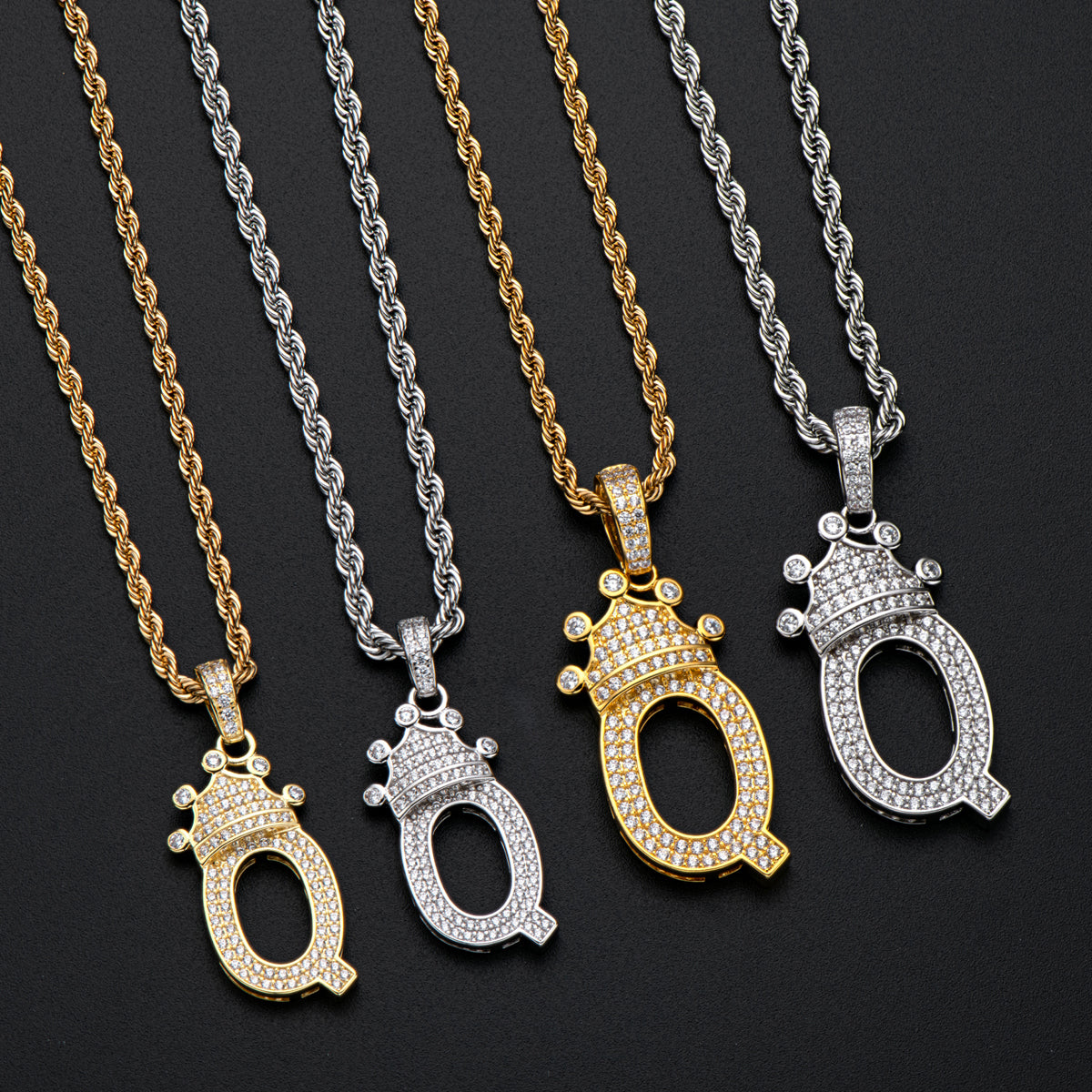 925 Sterling Silver Round Cut Created CZ Hip Hop Micro Pave The Letter Q Pendant Necklace