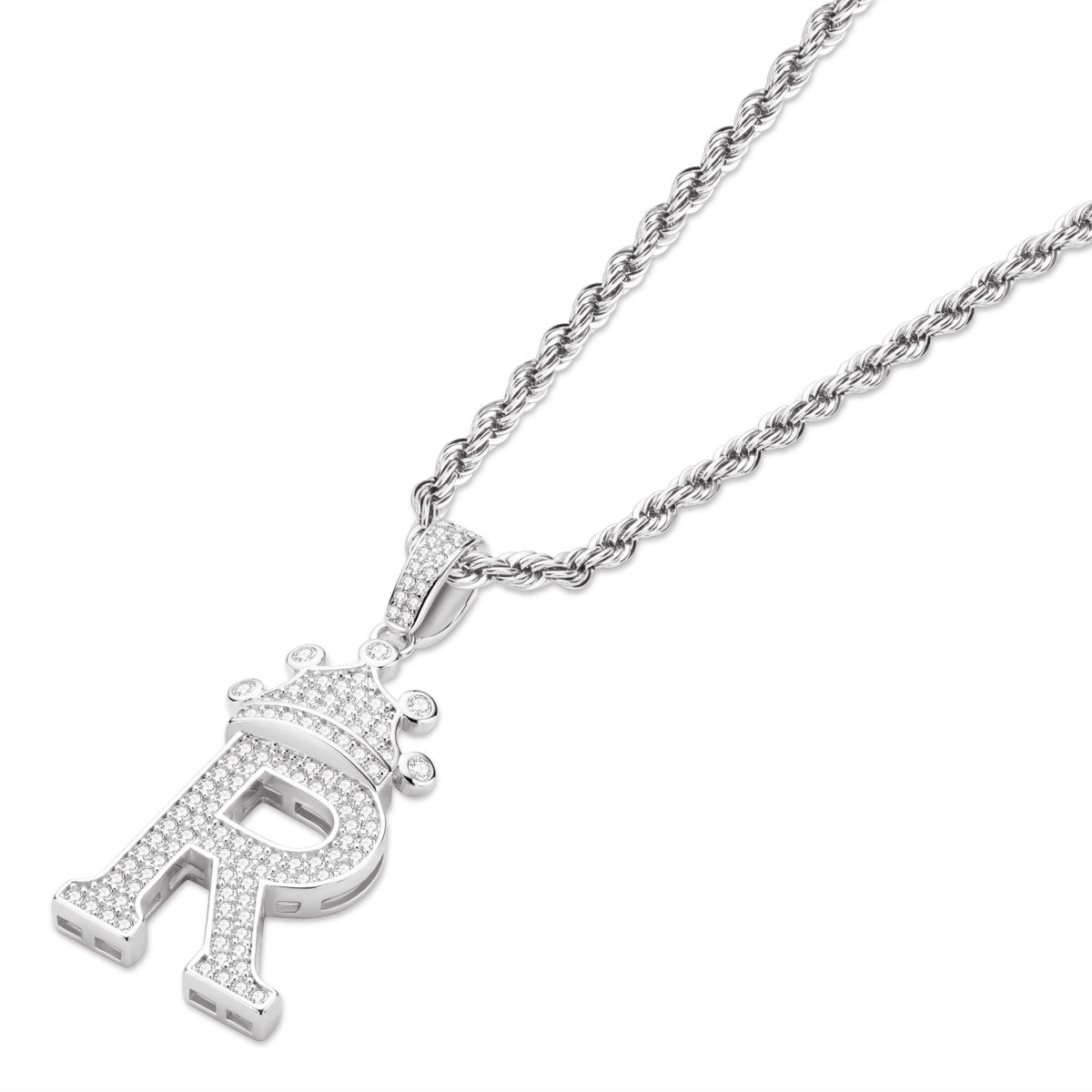 925 Sterling Silver The Letter R Created CZ Crown Hip Hop Rope Chain Pendant Necklace