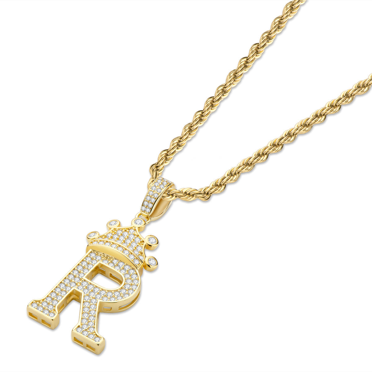 925 Sterling Silver The Letter R Created CZ Crown Hip Hop Rope Chain Pendant Necklace