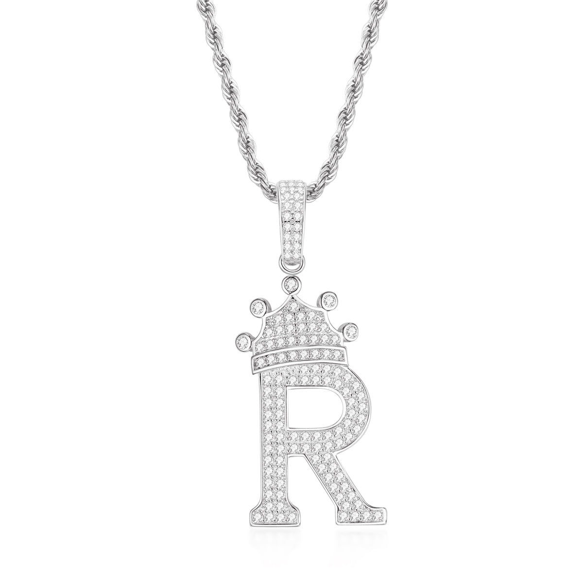 925 Sterling Silver The Letter R Created CZ Crown Hip Hop Rope Chain Pendant Necklace