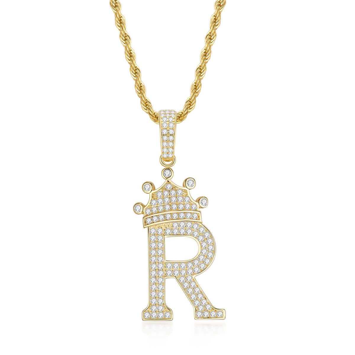 925 Sterling Silver The Letter R Created CZ Crown Hip Hop Rope Chain Pendant Necklace